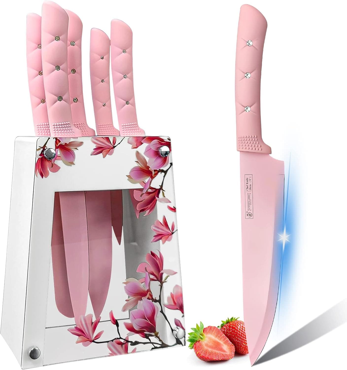 Kitchen Knife Set, Retrosohoo Pink Flower 6PC Stainless Steel Sharp Chef Knife Set with Acrylic Stand, Cooking Non-slip Knife Set with Block, Non-stick Colorful Coating Gift for Women Girls (Pink)