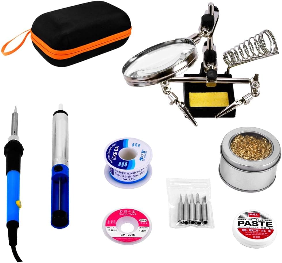 HUAHA Electric Soldering Iron Kit with 60W Adjustable Temperature Soldering Iron, Magnifier Station, 5pcs Tips, 0.8mm 50g Solder Wire, Solder Sucker Paste Flux Solder Wick and Tips Cleaning Sponge