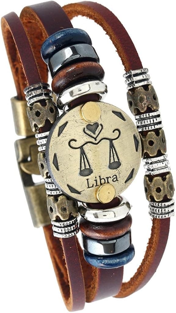 MORE FUN Retro 12 Constellation Handmade Brown Leather Bangle Bracelet for Mens Womens