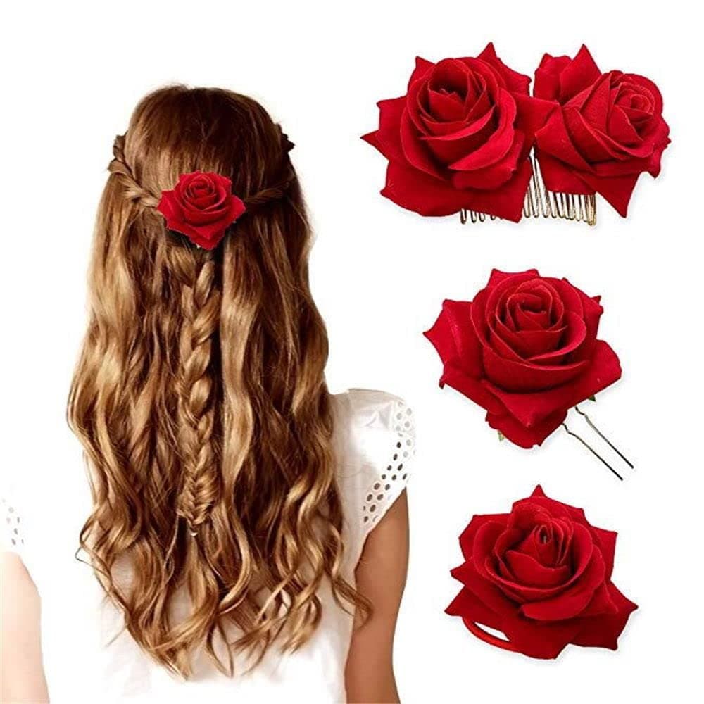 ClassicBeauty Elegant Bright Red Rose Velvet Hair Clip Set (Set of 3) New Flamenco Women and Girls Hair Accessories Wedding Bridesmaids Headpiece