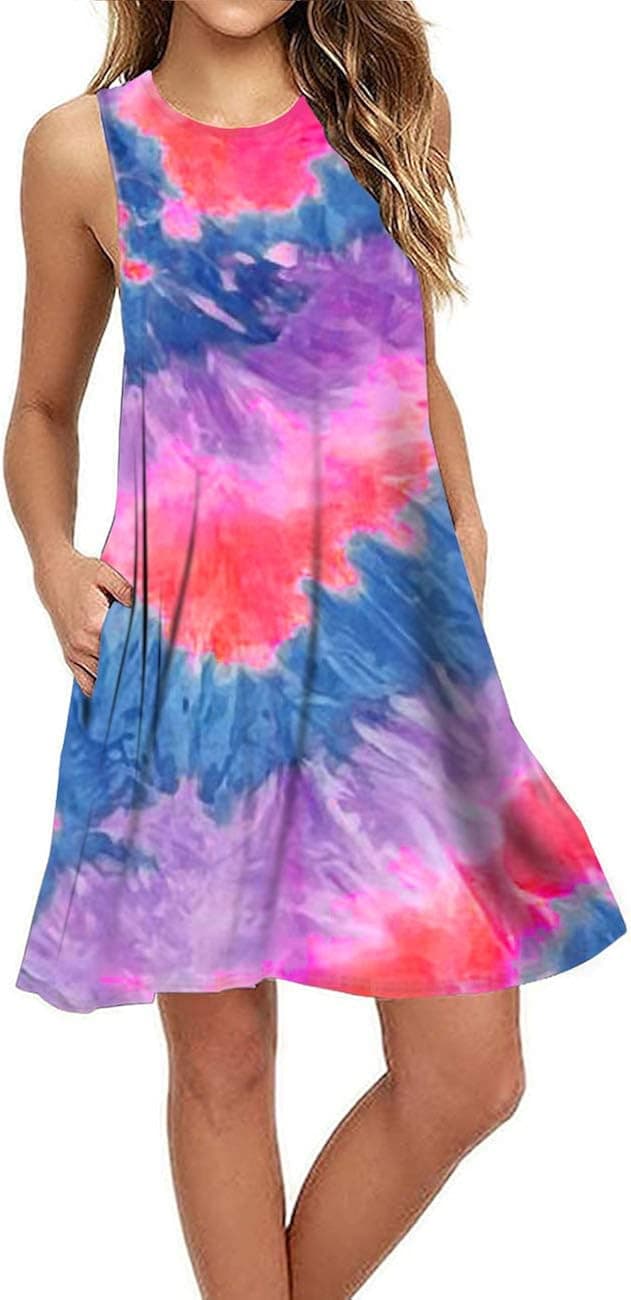 BEUFRI Women Summer Casual Sleeveless Tie Dye T-Shirt Swing Dresses Beach Cover up Plain Tank Dress with Pockets Large Tie Dyed Purple