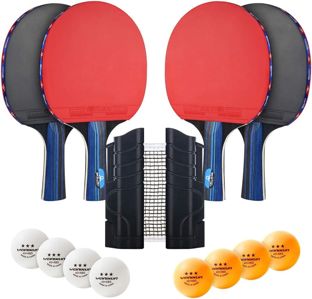AHCSMRE Ping Pong Paddle Net Set,4-Pack Table Tennis Paddles,1-Pack Retractable Ping Pong Net for Any Table,8-Pack Professional 3-Star 40+ Ping Pong Balls with Storage Bag
