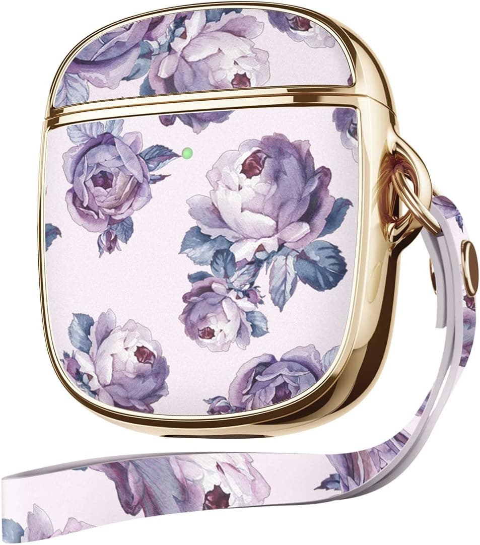GVIEWIN Floral AirPods Case Cover for Women Girls, Designed for AirPod 2 & 1 Charging Case, Cute Flower Full Protective Hard Stylish Carrying Cover with Wrist Strap (Peony/Purple)