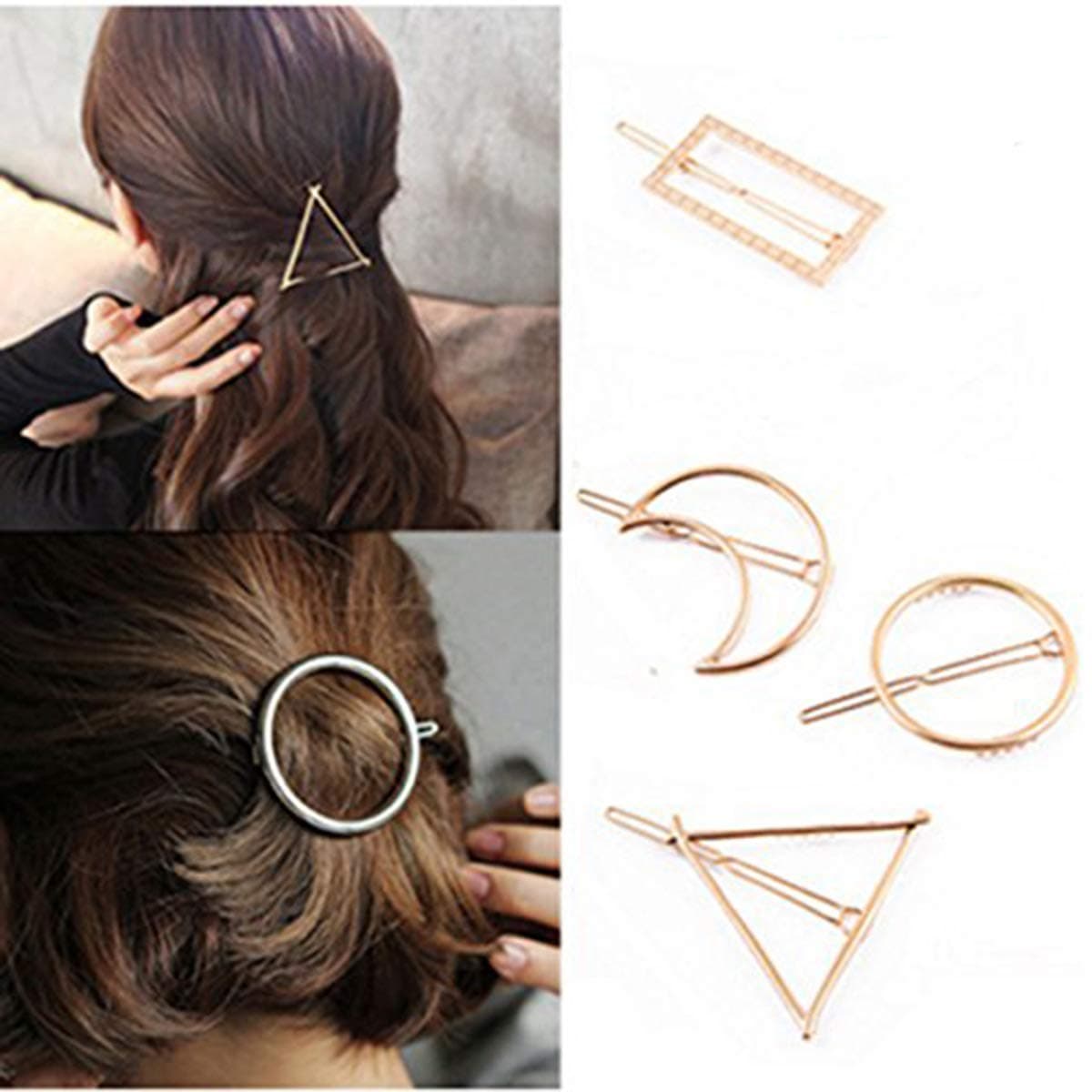 8pcs Minimalist Dainty Hair Clips Gold Hollow Geometric Alloy Hairpin Hair Clamps,Circle,Triangle and Moon Multiple Pattern for Women Girls (Gold and silver)