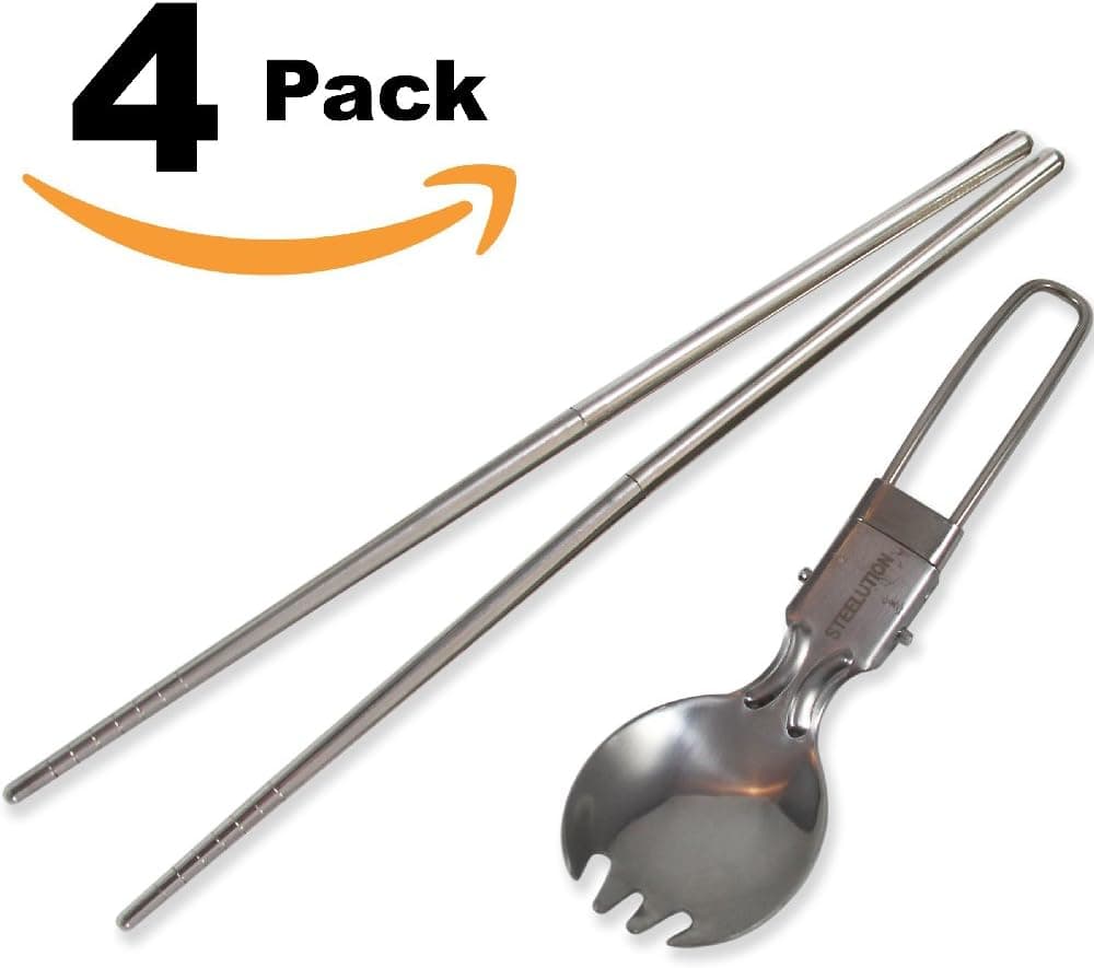 STEELUTION: All Stainless Break-Down Travel Spoon and Chopsticks. Lightweight and Ships with no Plastic Packaging.