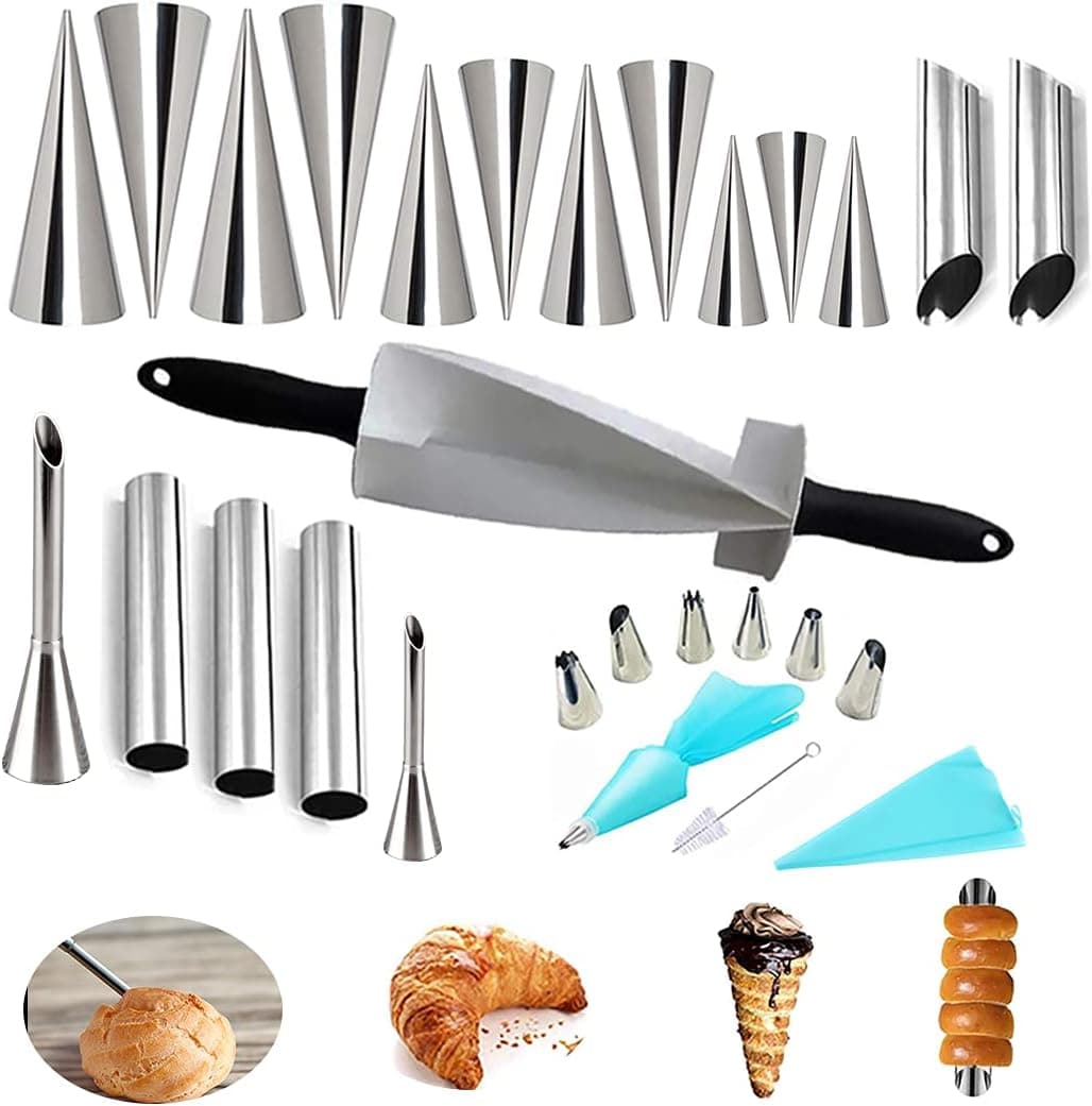 Cannoli Tubes-Puffs-Croissants-Cake Decorating Kits, Croissants Cutter for Pastry Dough Cream Icing Piping Puffs Nozzle Tip Non-stick Cream Horn Molds Cone Tubes for Croissant Shell Cream Roll