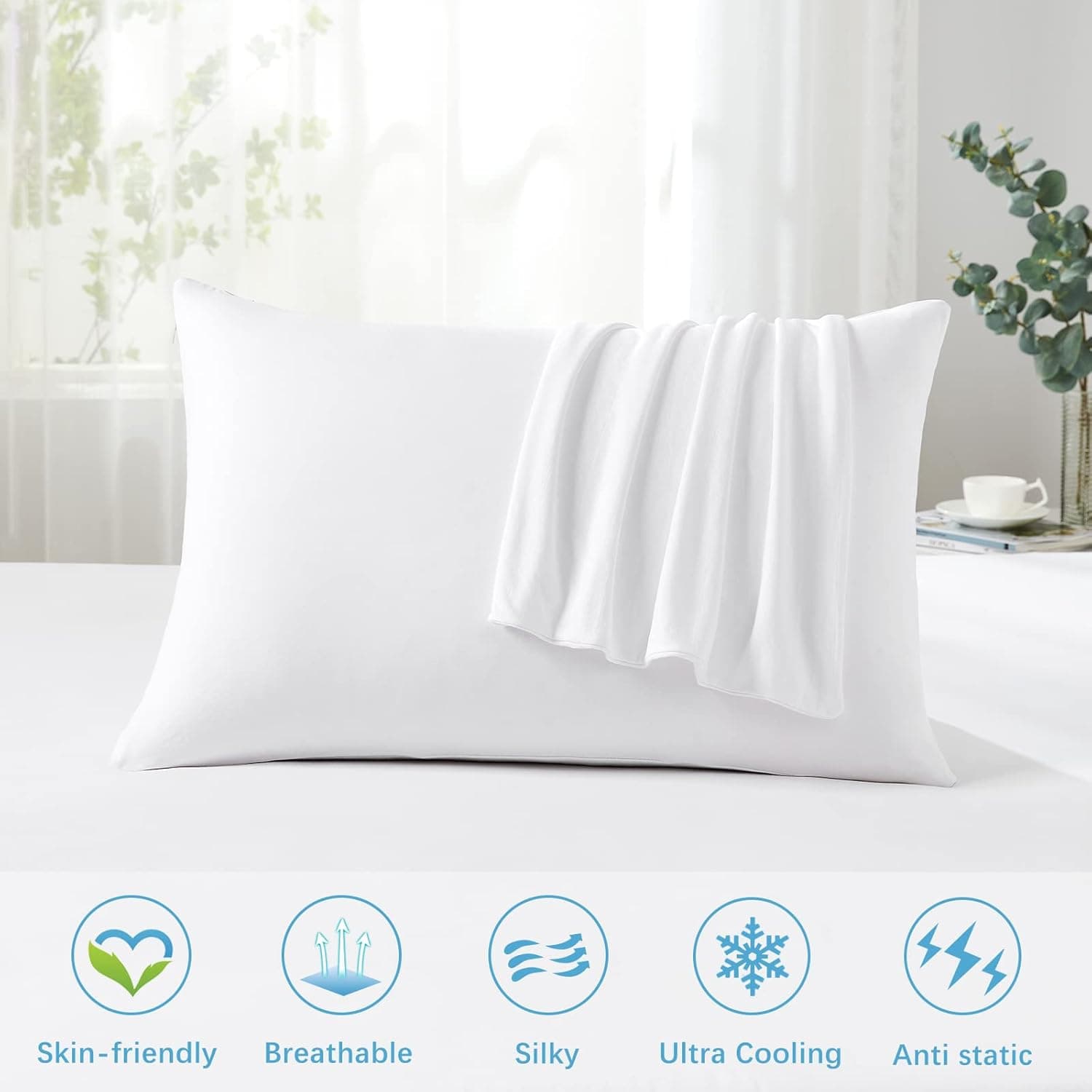 LUXEAR Cooling Pillow Cases - 2 Pack Envelope Cool Pillow Cases with Double-Side Design [Cooling & Cotton], Anti-Static, Skin-Friendly, Machine Washable Cold Pillow Cases King Size -White