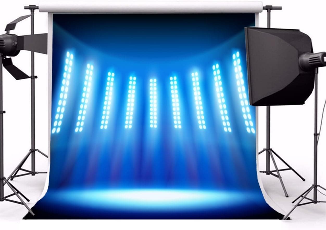 Laeacco Vinyl 5x5ft Photography Background Stadium Empty Stage Television Studio Blue Lights Spotlight Shiny Show Performance Decorations Party Children Portraits Shooting Video Studio Prop