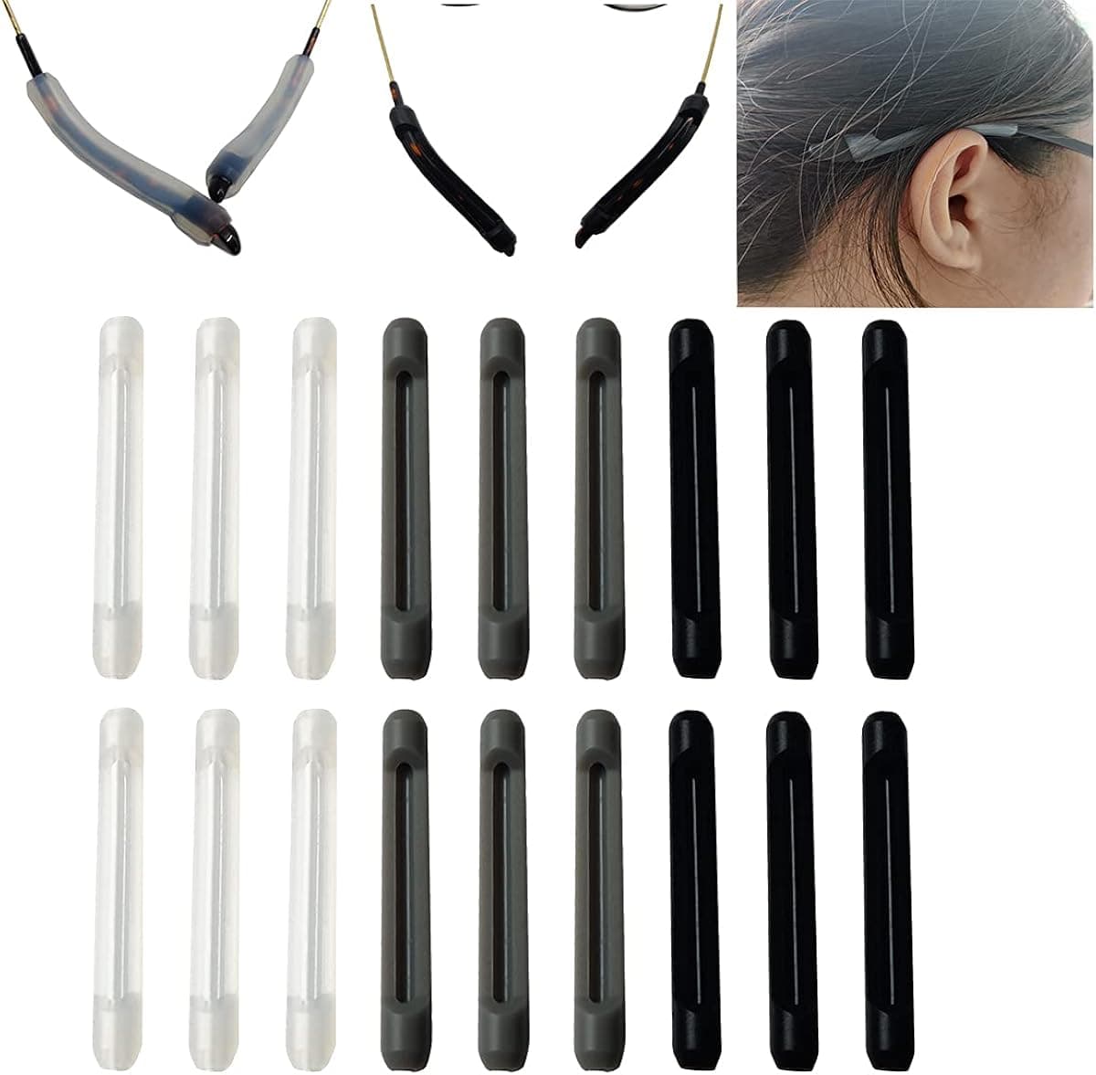Soft Silicone Eyeglasses Temple Tips Sleeve Retainer,Anti-Slip Elastic Comfort Glasses Retainers For Spectacle Reading Glasses Sunglasses Eyewear。(9Pairs)(3 pairs -Clear 3 pairs -Gray 3 pairs -Black)