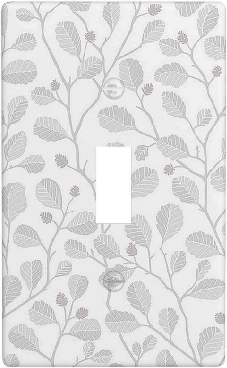 Grey Leaves Wall Plate Single Toggle Decorative Light Switch Cover for Kitchens Bathrooms Farmhouses Bedrooms 1 Gang Faceplate Standard Size 4.5" x 2.76"