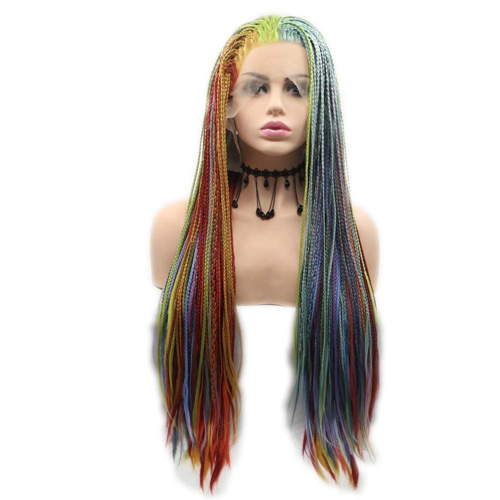 Melody Wig Rainbow Multi Colored Braids Wigs Blue Yellow Green Red Purple Synthetic Lace Front Wigs For Women Fully Hand Tied Braided Wig Heat Resistant Fiber Hair 24''