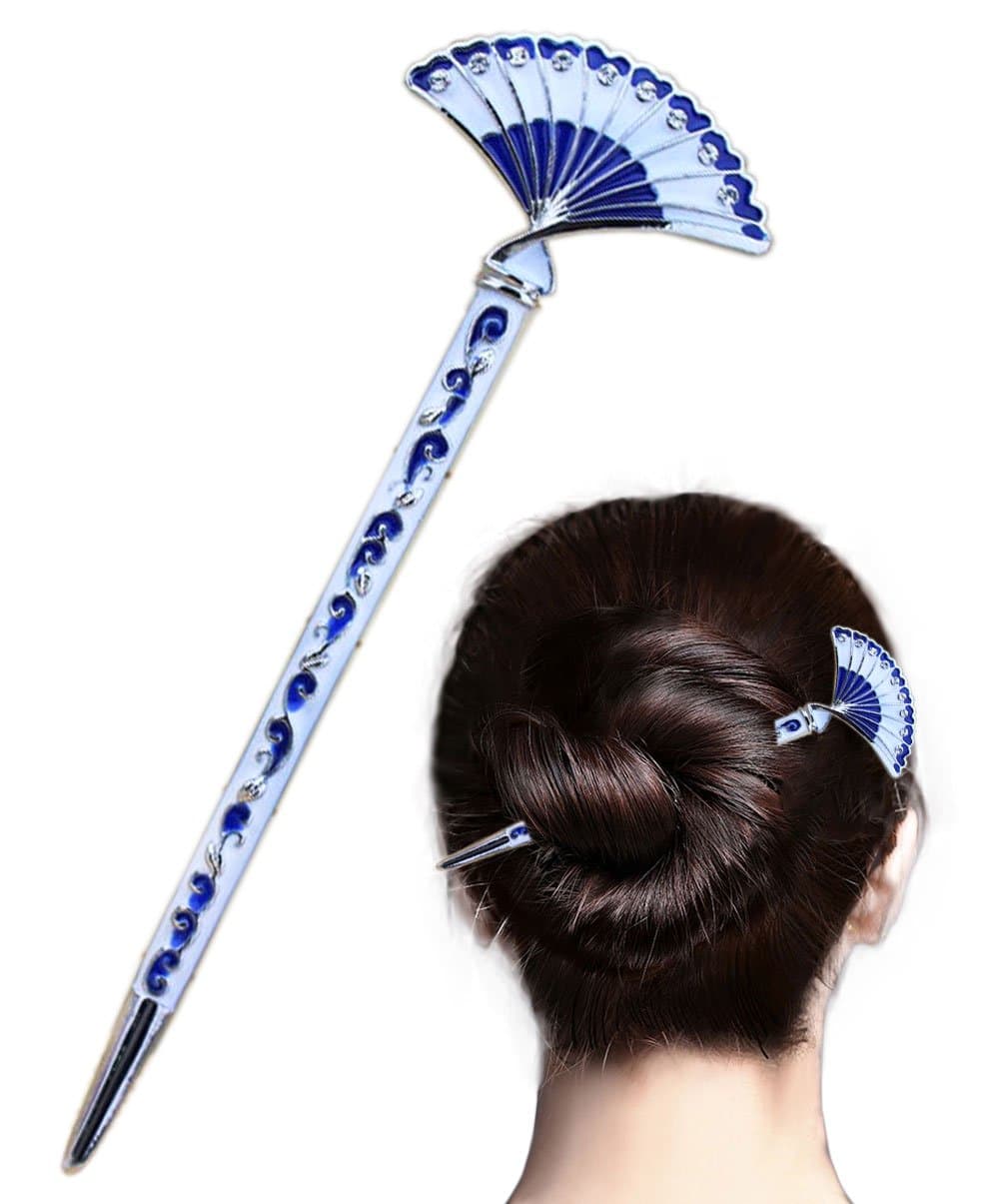 LiveZone Fashion Hair Decor Chinese Traditional Style Women Girls Hair Stick Hairpin Hair Making Accessory with Fan Shaped,Blue and White