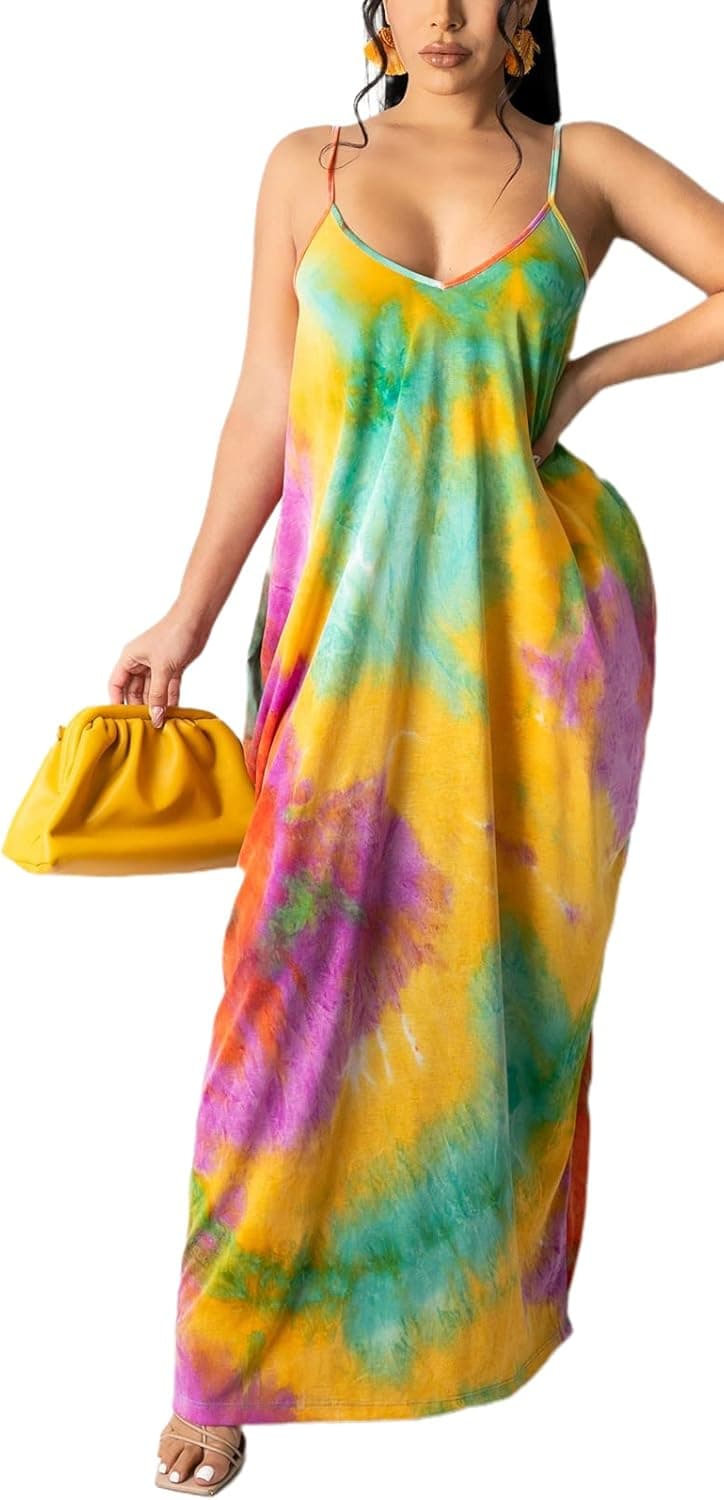 Women's Maxi Sunflower Dresses Sleeveless Long Tie Dye Dress Casual Sundresses with Pockets