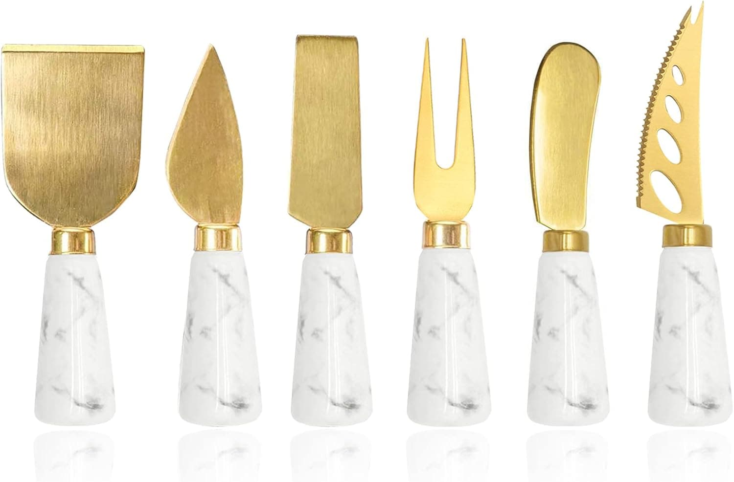 Golden Cheese Knife Set 6 Piece, Marble Handle Butter Spatula Knives, Cheese Spreader Cutter with Ergonomic Ceramic Handle, Cheese Shaver and Fork for Birthday, Wedding, Party (White)