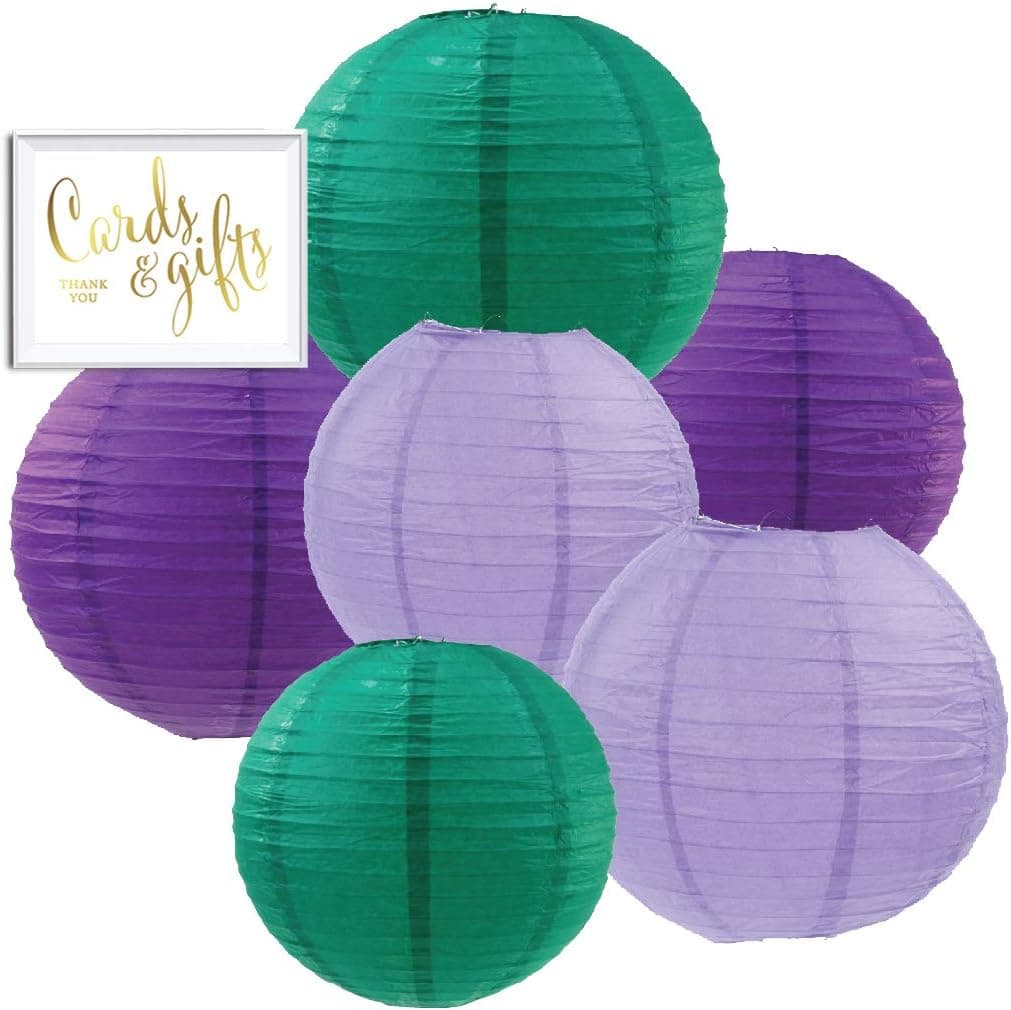 Andaz Press Aqua, Lavender, Purple Hanging Paper Lanterns Decorative Kit, 6-Pack with Free Gifts Table Party Sign, Mermaid, Princess, Pony Birthday Party Decorations, Assorted 8-Inch 10-Inch Sizes