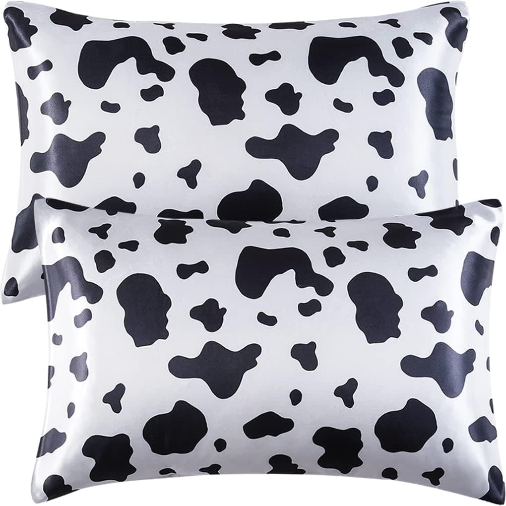 Satin Pillowcase for Hair and Skin,Pillowcases Standard Set of 2,Silky Cow Print Pillow Cases Set of 2 Soft&Cozy Silk Satin Pillow Cases for Women 2 Pack with Envelope Closure(20x26,Cow)