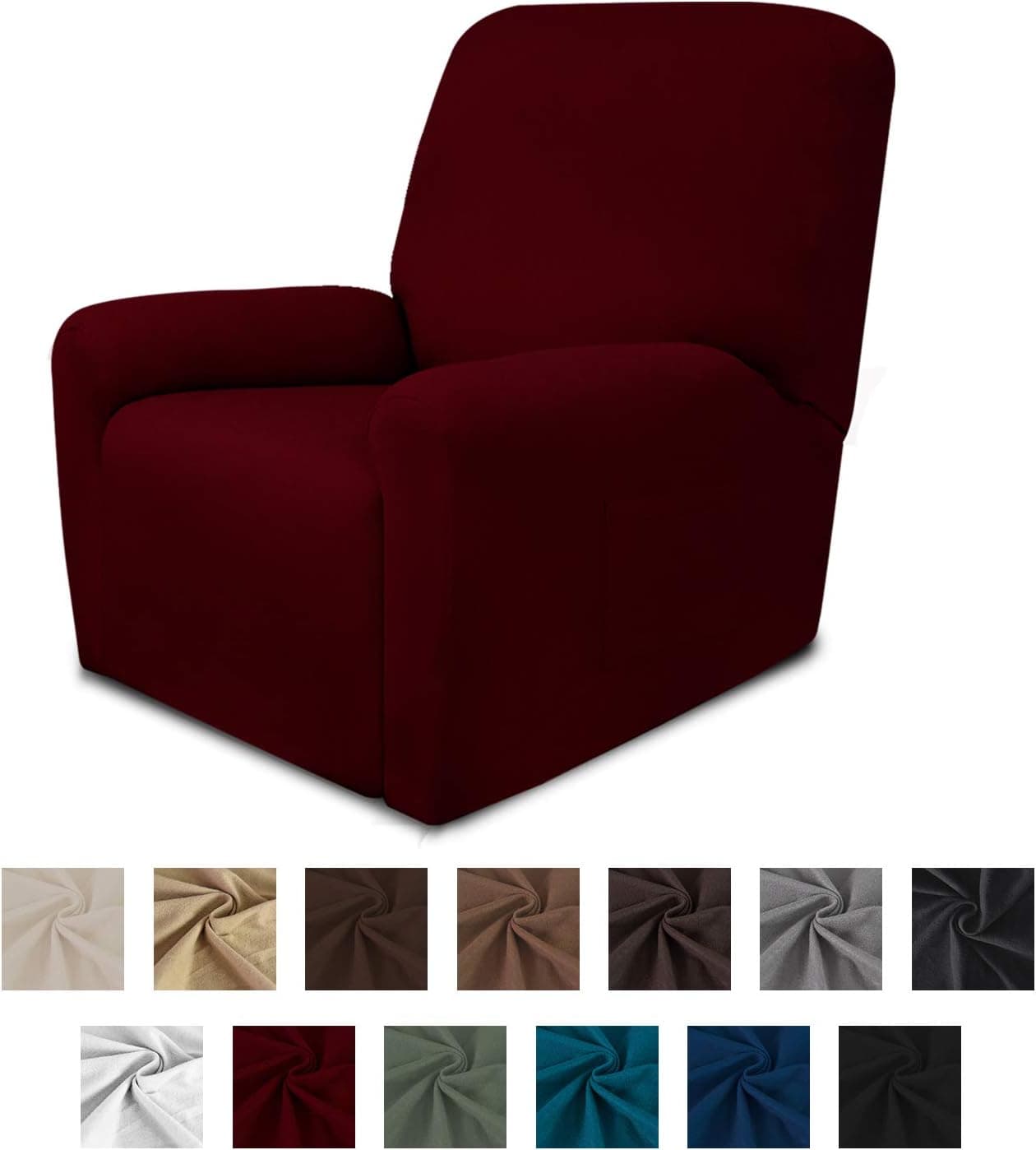 Easy-Going Fleece Stretch Sofa Slipcover – Spandex Anti-Slip Soft Couch Sofa Cover, Washable 4-Piece Furniture Protector with Anti-Skid Foam and Elastic Bottom for Kids, Pets(Recliner,Wine)