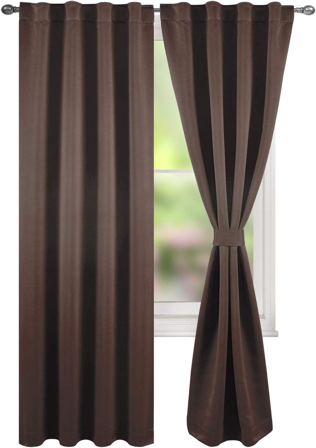 TEXPLUS Set of 2 Thermal Noise Insulated Rod Pocket and Back Tab Blackout Curtain Panels for Bedroom (Coffee Brown, 2x52 Wx95 L)