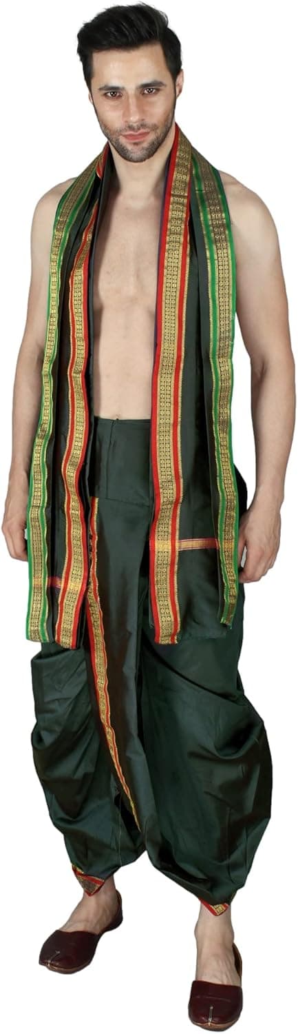 Ready to Wear Dhoti and Angavastram Set with Woven Golden Border - Art Silk