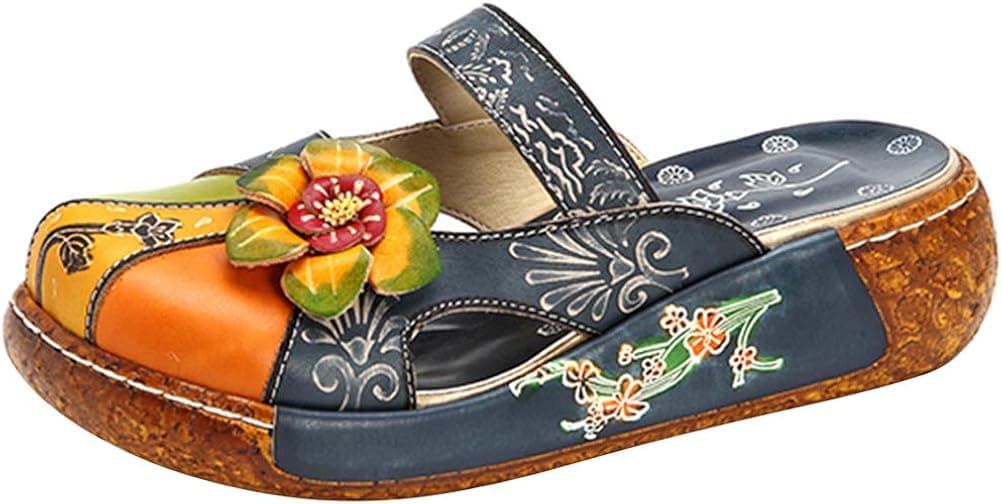 Mordenmiss Women's Colorful Backless Slippers Flowers Leather Vintage Boho Platform Flat Sandals (Navy, Numeric_7)