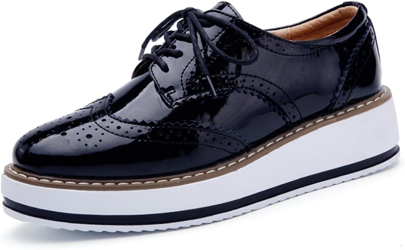 DADAWEN Women's Platform Lace-Up Wingtips Square Toe Oxfords Shoe