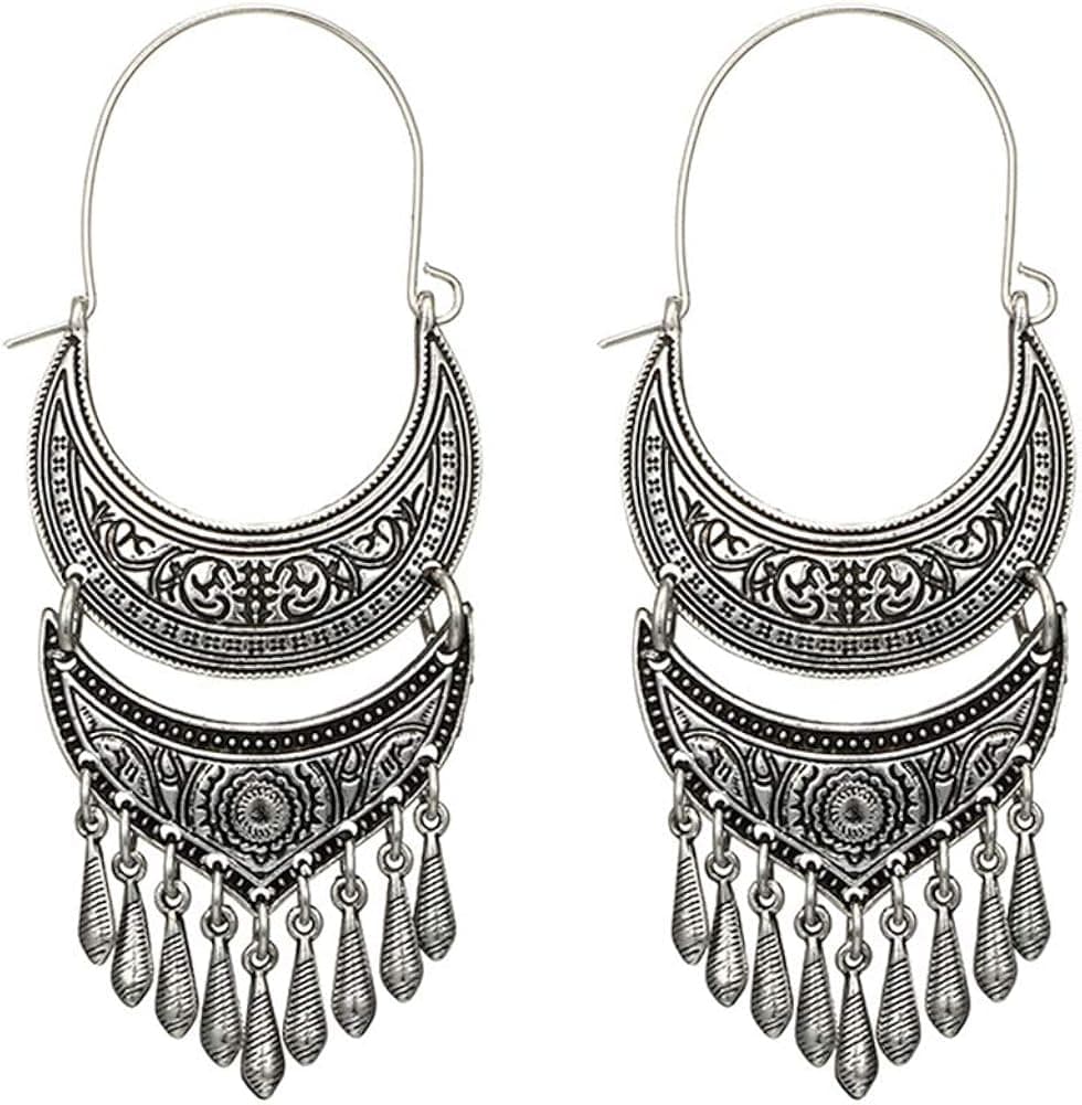 Tribal Long Tassel Hoop Earrings for Women - Gypsy Antique Chandelier Dangle Earrings