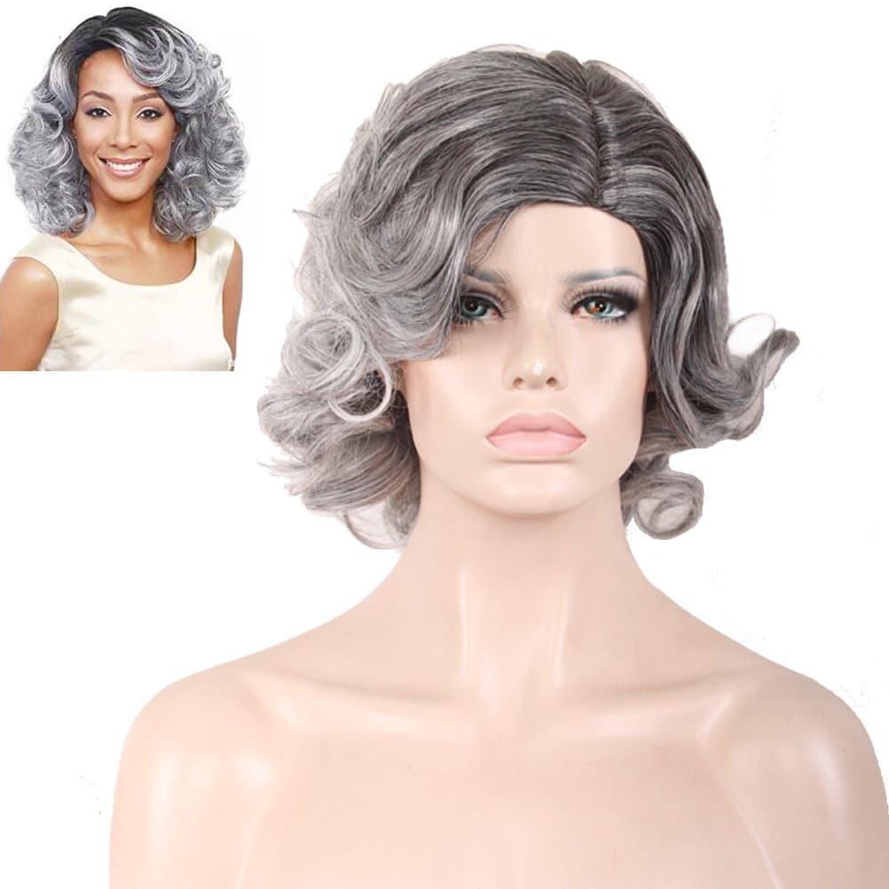 RightOn 15’’ Medium Length Full Curly Wig Dark Root Ombre Hair with Wig Cap/Comb (Black Ombre Gray)