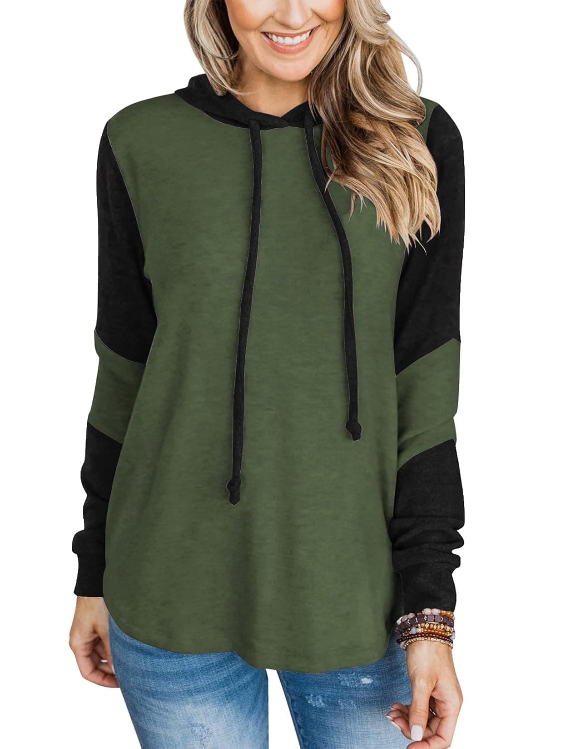 Uincloset Women's Casual Color Block Drawstring Hoodies Long Sleeve Drop Shoulder Lightweight Sweatshirts
