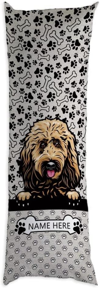 GUGLILI Dog Paw Body Pillow Cover Goldendoodle Dog Custom Pet Name 20x54 inch Cartoon Puppy Paws and Bones Cartoon Footprint Doodles Print Long Pillow Case Protector with Zipper Decorative