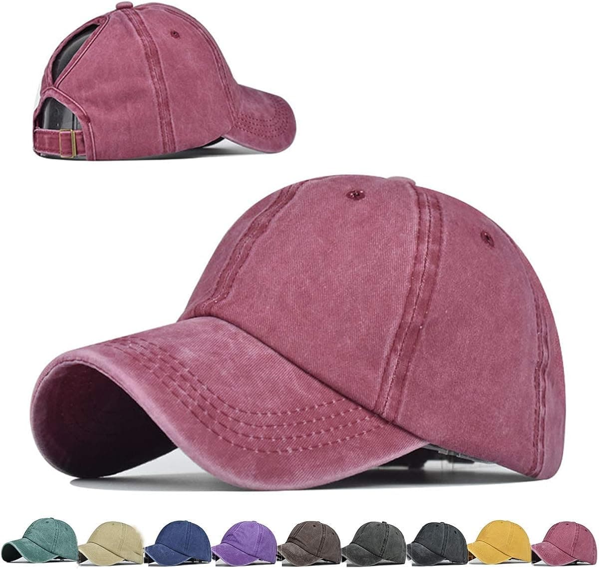 Washed Style Ponytail Top Hats for Women Baseball Caps High Messy Bun Caps Ponycaps Dad Hats (Red)