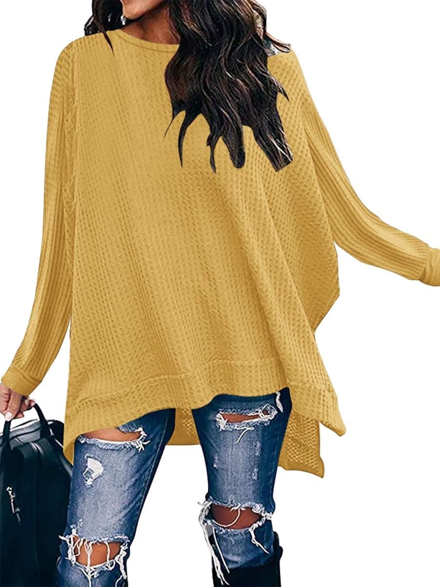 ANRABESS Women Crew Neck Batwing Sleeve High Low Hem Side Slit Waffle Knit Casual Loose Oversized Pullover Sweater Tunic Top