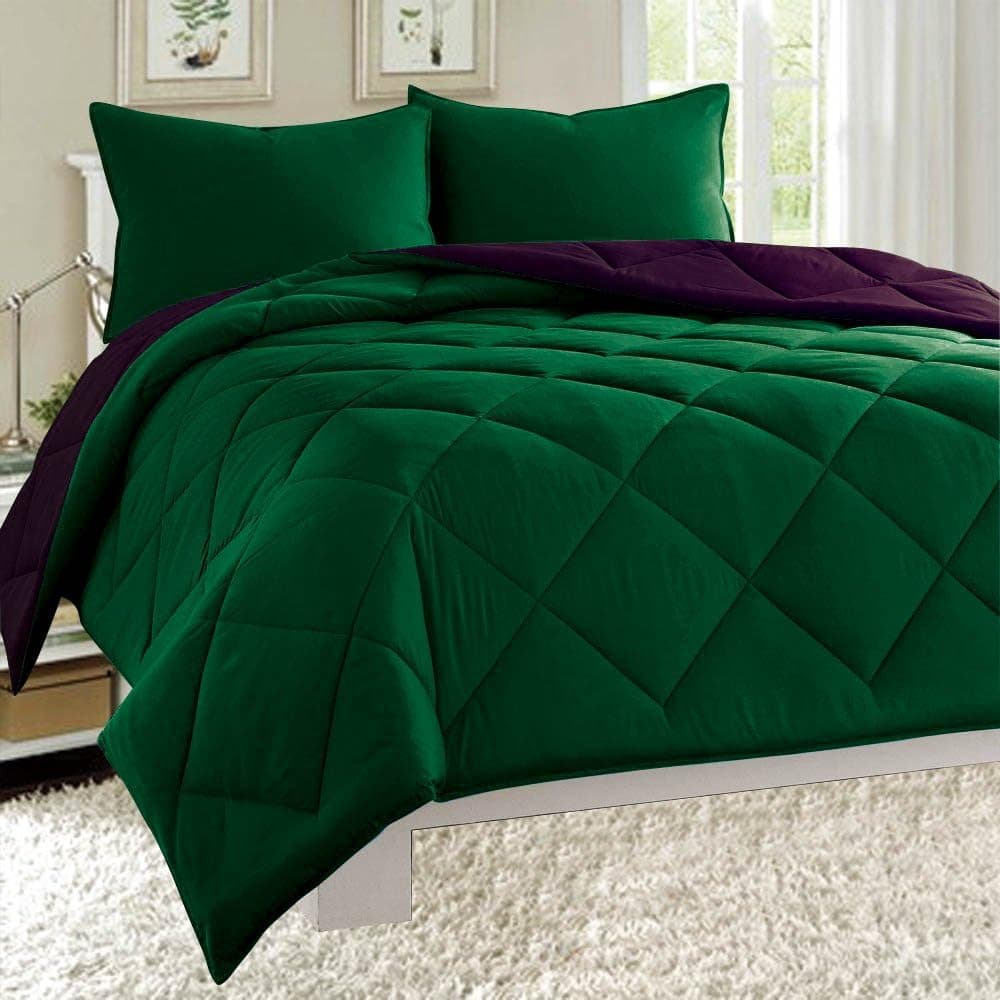 Dayton Reversible Down Alternative 3-Piece Comforter Set Soft Brushed Microfiber Quilted Bed Cover (Queen, Hunter Green & Plum Purple)