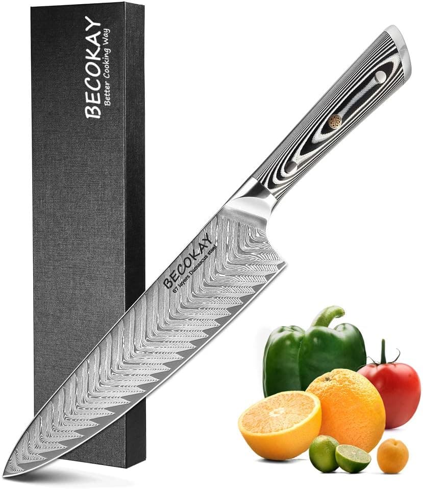 BECOKAY Forging Feather Damascus Premium Damascus Gyuto Knife - 8-Inch Ultra-Sharp FULL TANG Japanese Knife with G10 Handle - VG10 Damascus Steel Kitchen Knife