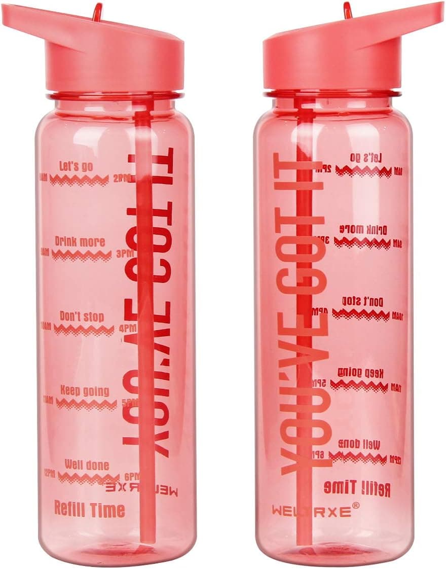 WELTRXE 25oz Water Bottle with Measurements, Time Marker Inspirational Fitness Workout Sport Travel Water Bottle, Large Capacity Tritan BPA Free Drinking Bottle with 2 Straws, Non-Toxic