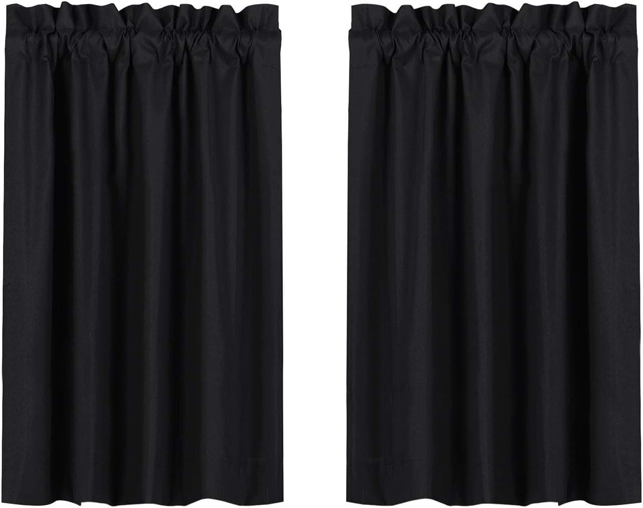 Valea Home Blackout Short Curtains Waterproof Soft Rod Pocket Kitchen Curtains for Bathroom Window Room Darkening Small Curtains for Bedroom 45 inch Length, 2 Panels, Black