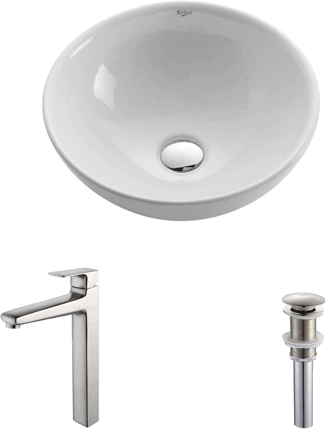 Kraus C-KCV-141-15500BN White Round Ceramic Sink and Virtus Faucet Brushed Nickel