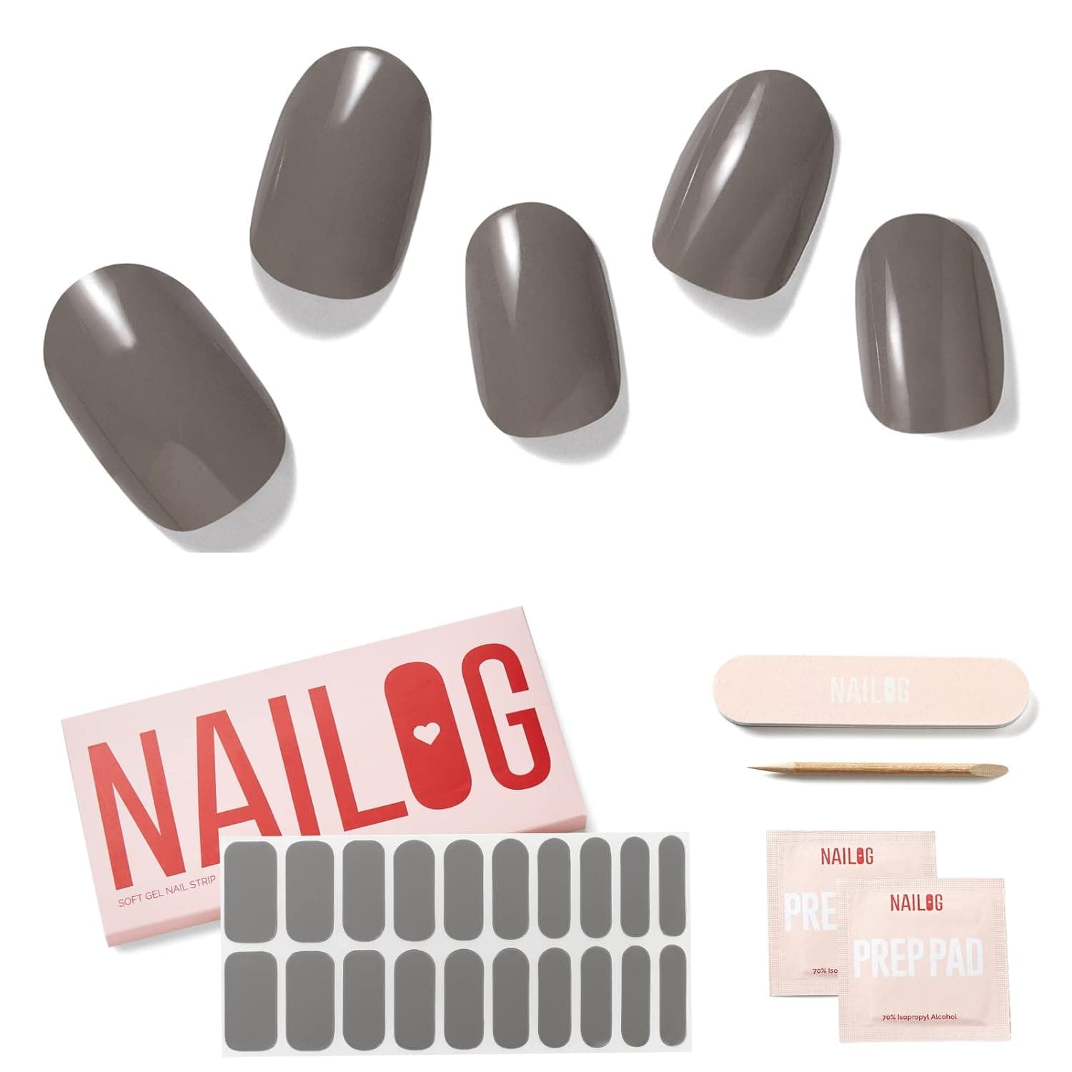 NAILOG Semi Cured Gel Nail Strips (20 Extra Long Stickers/Wraps) | Glossy & Long Lasting Soft Gel Finishing | Grey
