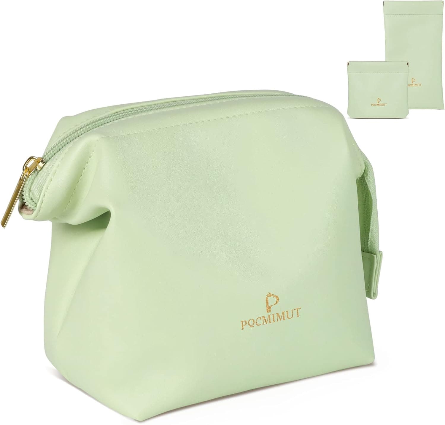 Pocmimut Leather Makeup Bag,Small Makeup Bag Travel Cosmetic Bag,Portable Make Up Pouch Organizer for Women and Girls（Green）