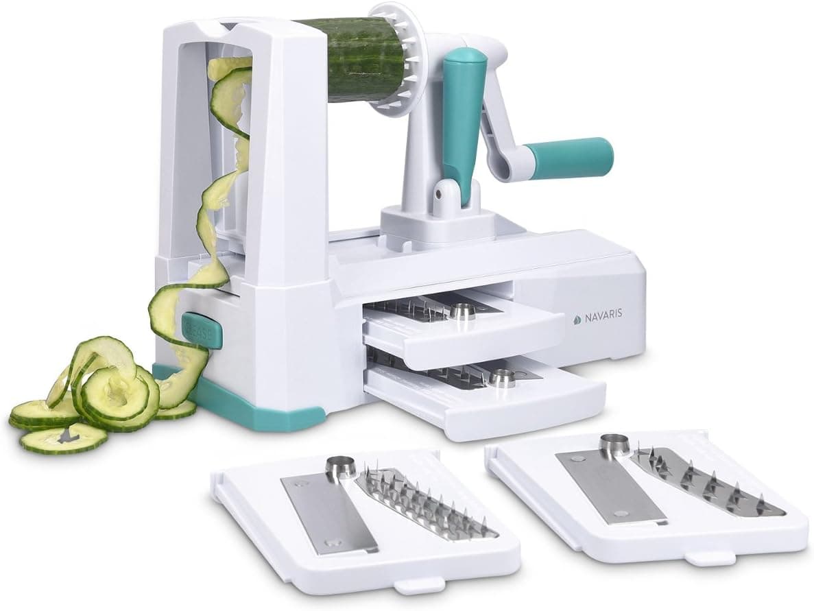 Navaris Vegetable Spiralizer - 5 Blade Spiral Slicer Veggie Pasta Maker - Manual Food Mandoline with 5 Attachments and Stainless Steel Blades