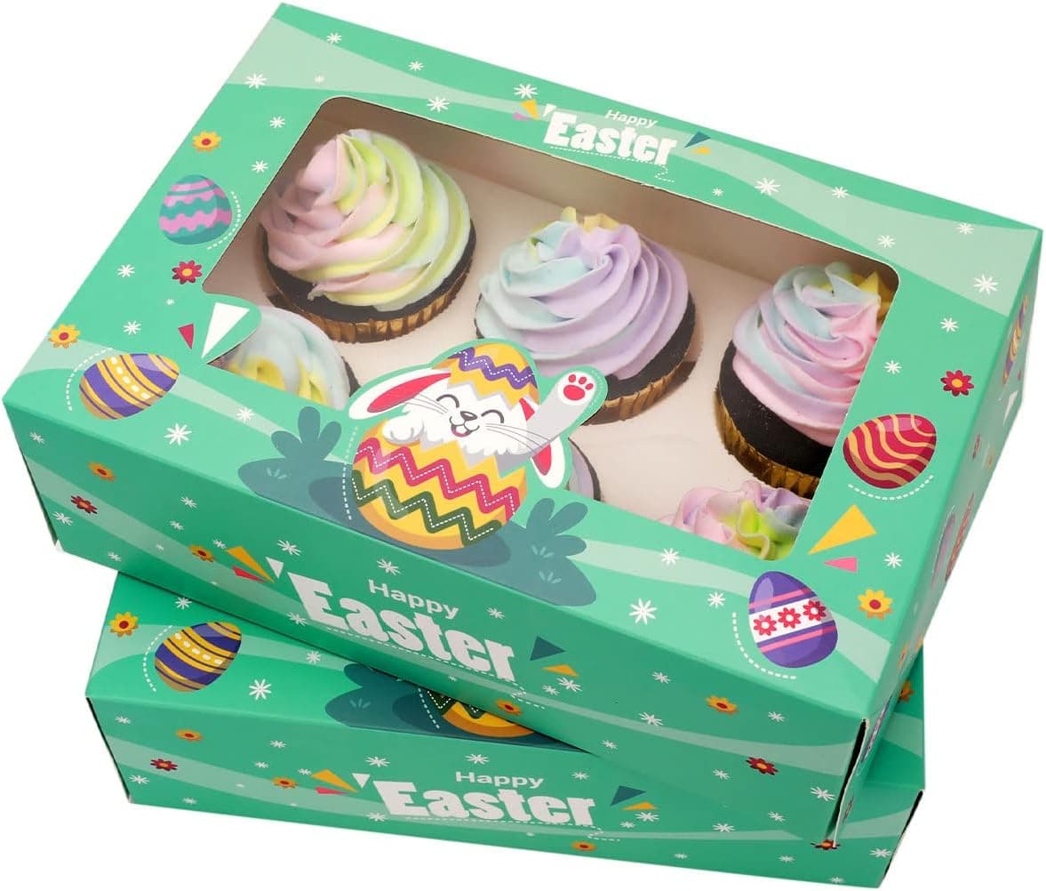Easter Cupcake Boxes Holders 6 Cupcakes,Blue Bakery Boxes with Window 9.4" x 6.1" x 3.0" Cupcake Carriers Containers