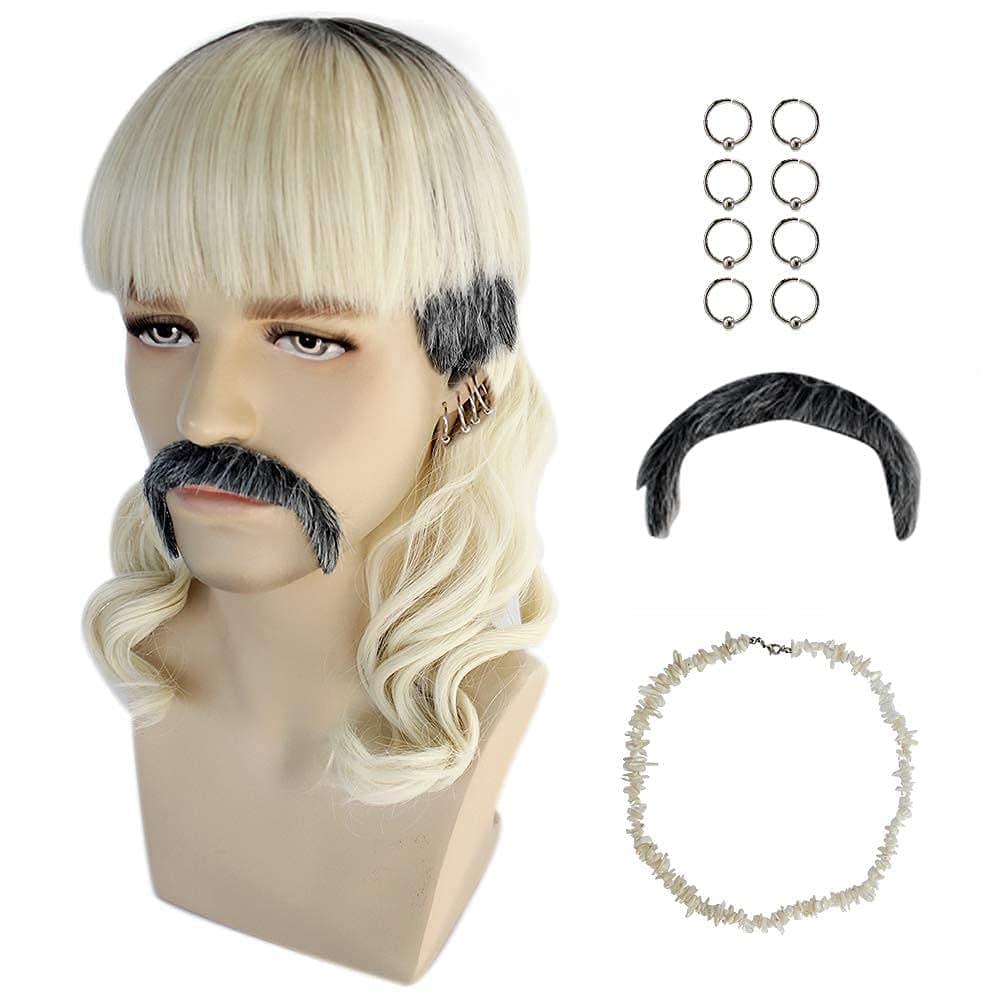 IMEYLE Wig(8Earrings-Mustache-1Necklace) Blonde Ombre Black Cosplay Wig for Men Long Curly Wigs With Bangs for Halloween Costume Party Synthetic Wig for Game