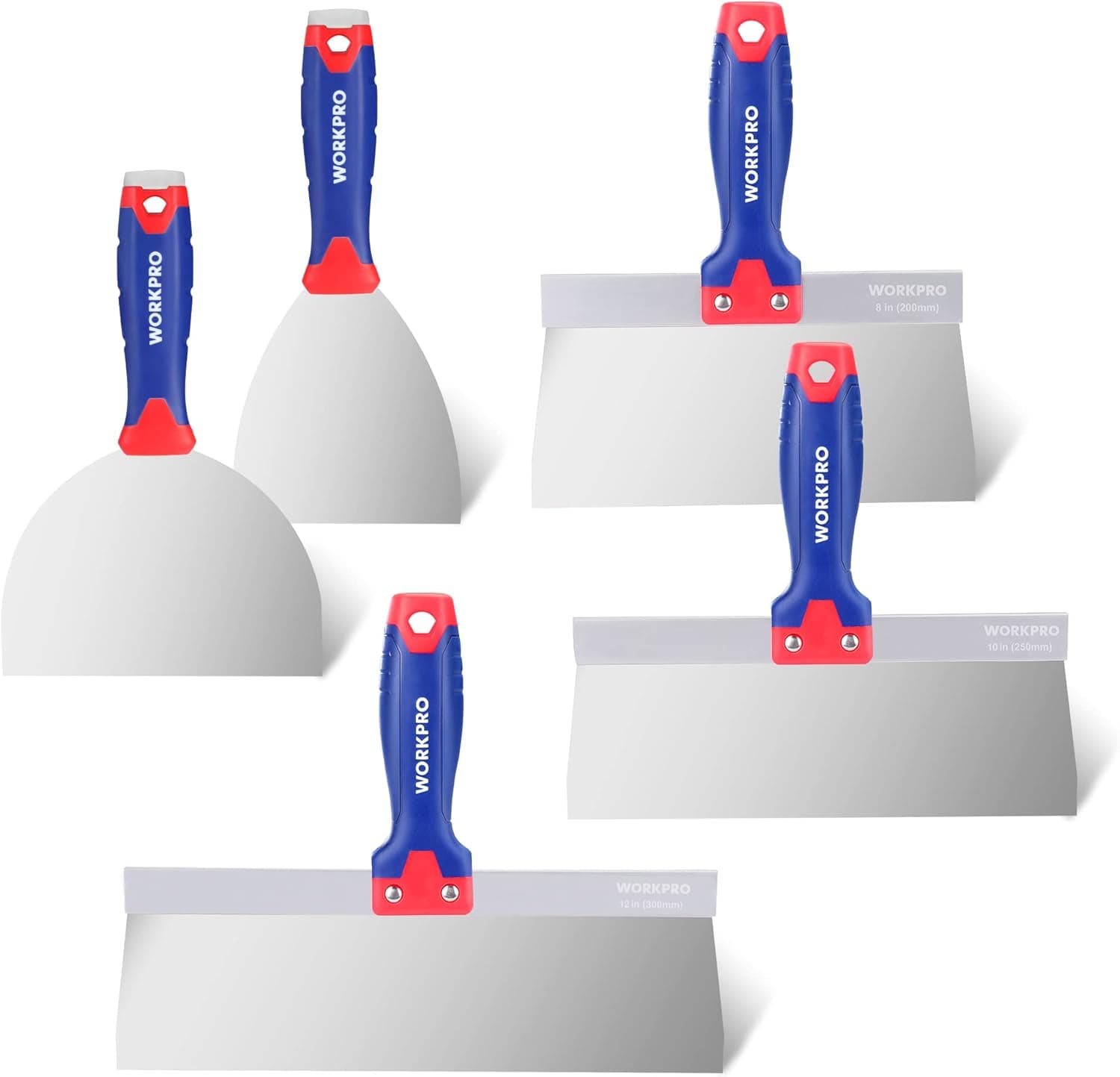 WORKPRO Putty Knife, Stainless Steel Drywall Taping Knives Plaster Tools Set, Alloy Metal Hammer End and 4", 6'', 8'', 10'', 12'' Blades, Paint Scraper Tools Wallpaper Remover for Drywall Repairing.