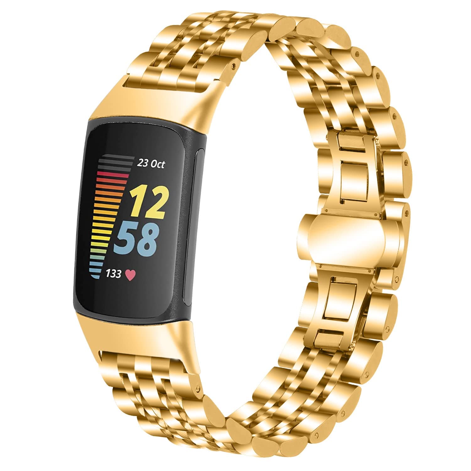 eiEuuk Metal Band Compatible with Fitbit Charge 5 Accessory Bracelet Solid Stainless Steel Replacement Wristband Strap for Women Men,Gold