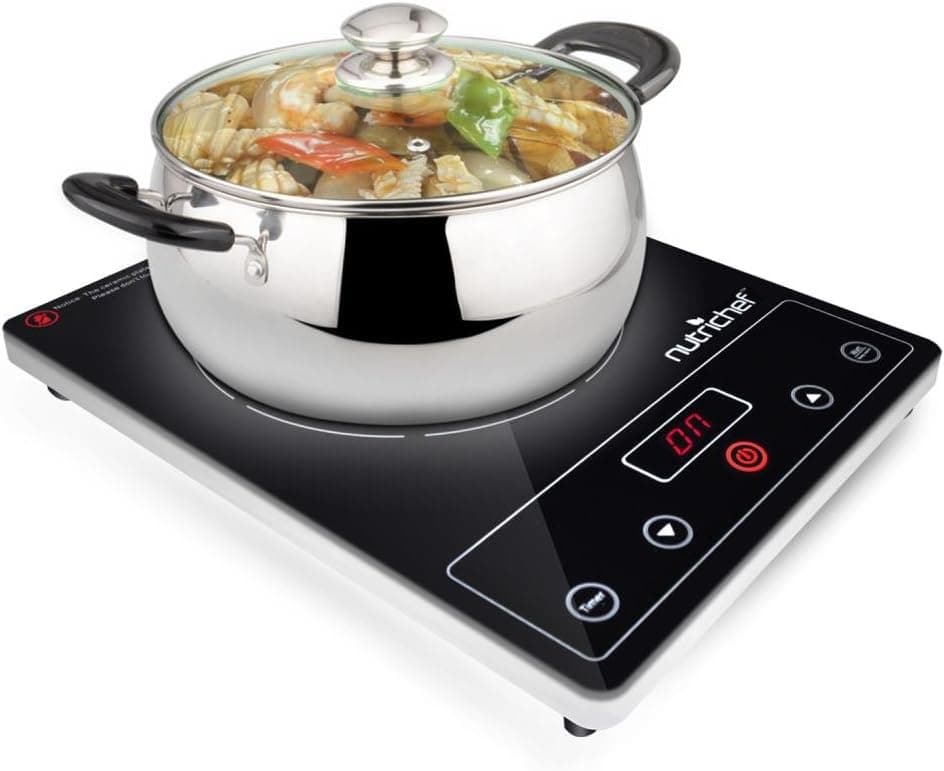 NutriChef Countertop Burner, Infrared Cooktop, Ceramic Cookware, Electric Stovetop, Black Tempered Glass, LCD Display, Keep Warm, 1200W, 120V (PKST16)