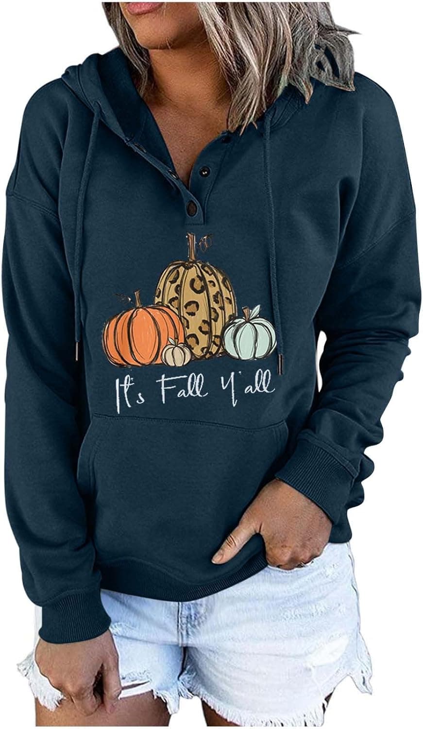 It's Fall Y'all Pumpkin Sweatshirts Women Button Up Hoodie Pullover Tops Casual Long Sleeve Tops with Kangaroo Pocket