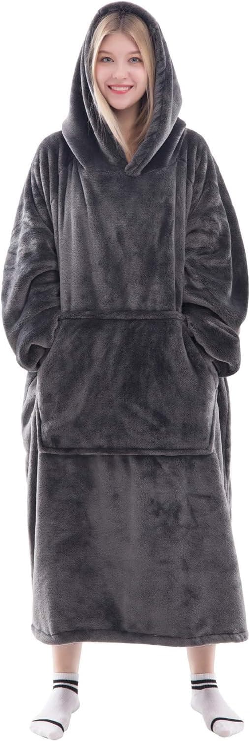 Waitu Wearable Blanket Sweatshirt Gifts for Women and Men, Super Warm and Cozy Giant Blanket Hoodie, Thick Flannel Blanket with Sleeves and Giant Pocket - Dark Gray