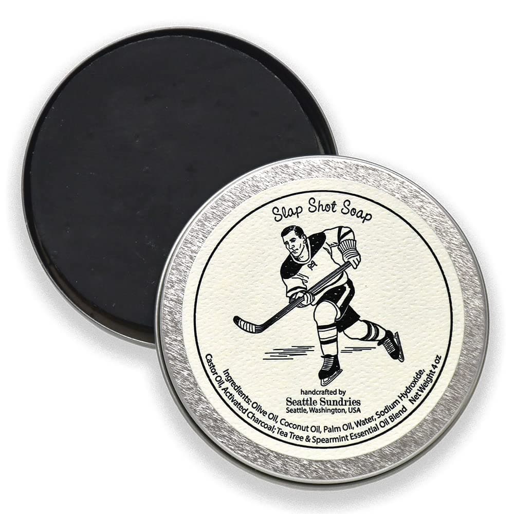 Seattle Sundries | Slap Shot Hockey Soap - 1 (4oz) Hand Made Odor Fighting Activated Charcoal Bar Soap in a Recyclable Travel Tin - Hockey Team Gift Idea.