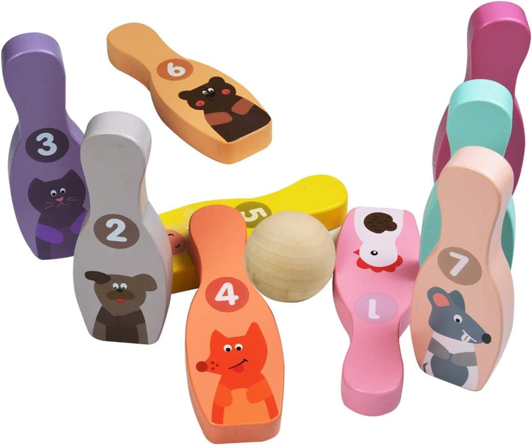 GYBBER&MUMU Wooden Child-Safe Bowling Toy with 9 Pins 1 Ball and Storage Box Large Size for Kids 3 Years and Up