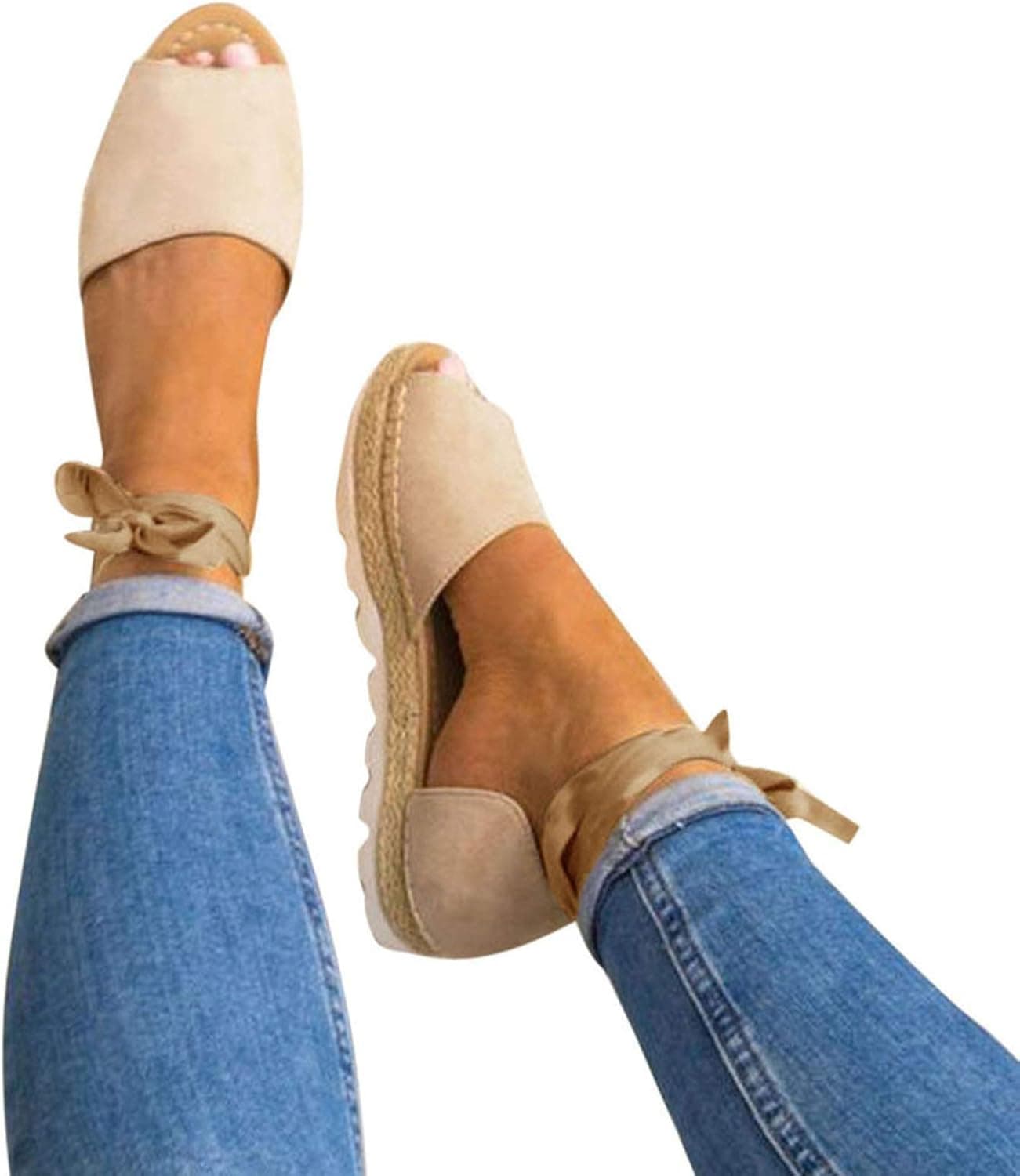 LA GUAPA Espadrille Sandals for Women, Lace Up Open Toe Espadrilles Tie Up Flat Shoes Summer Flat Sandals