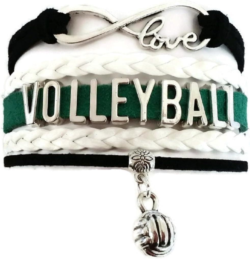 Kit's Kiss Volleyball Bracelet, Love Infinity Bracelet, Sports Bracelet, Leather Bracelet (Green, Black and White)